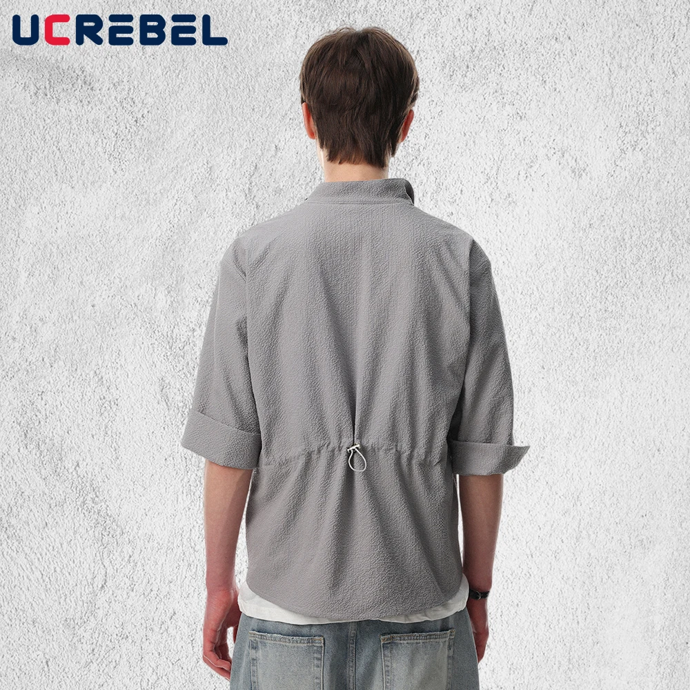 Asymmetrical Spliced Short Sleeve Shirts Mens Solid Color Summer Retro High Street Loose Half-Sleeve Lapel Drawstring Shirts Man