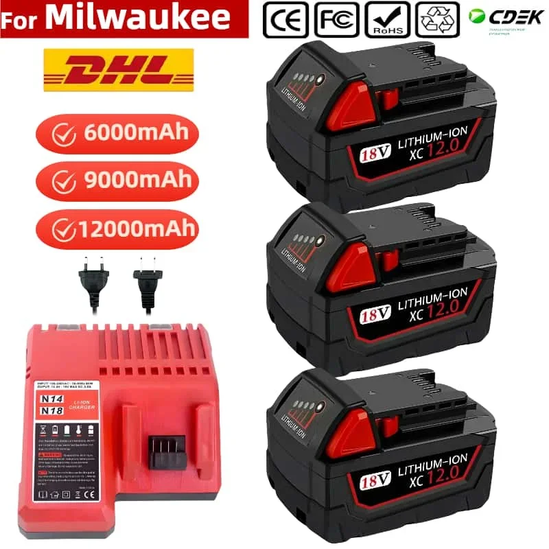 

For Milwaukee 18V M18 Power Tool Battery, Charger, 6000mAh,12000mAh, BR, XC, 18V, M18B5, 48-11-1860, Built-in 18650 Battery