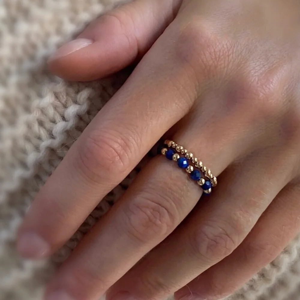 

Vlen Lapis Lazuli Ring & 18K Gold Plated Beads Elastic Stackable Rings for Women Boho Luxury Jewelry Anniversary Gift 2pcs/set