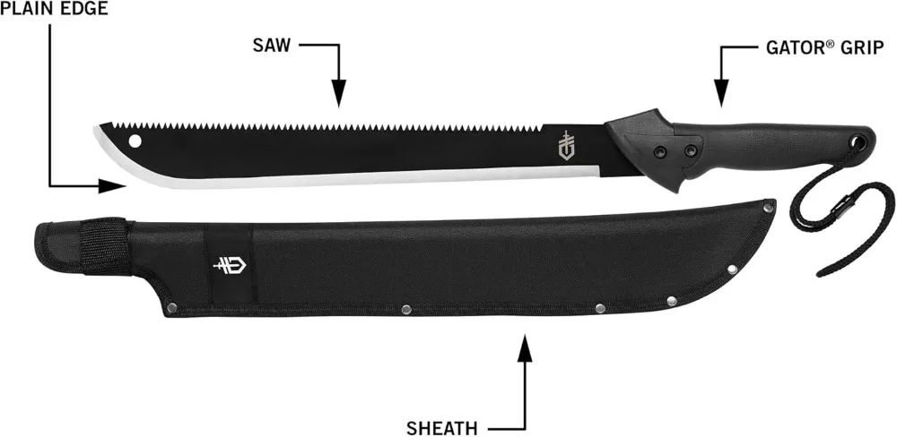 25" Machete with Plain Edge and Saw Blade, Gator Grip Handle, Sheath for Gardening, Survival, Hunting, Camping