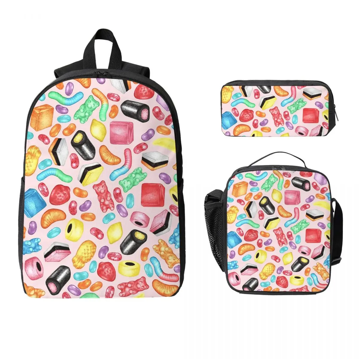 Colorful Assortment Of Hand-Drawn Candy Backpack BookBag School Bag Laptop Shoulder Bags 3ps Insulated Lunch Bag Pencil Case