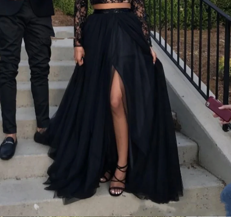 

Black Long Skirts Slit Zipper tulle skirt Floor Length Formal Party Skirts For Women Autumn Maxi Skirt