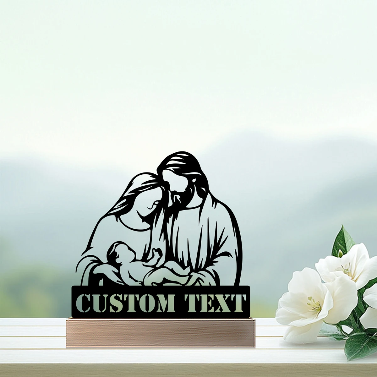 รูปปั้นโลหะพระเยซูพร้อมฐานไม้ งานศิลปะตกแต่งบ้าน 1 ชิ้น (สามารถสลักชื่อได้)