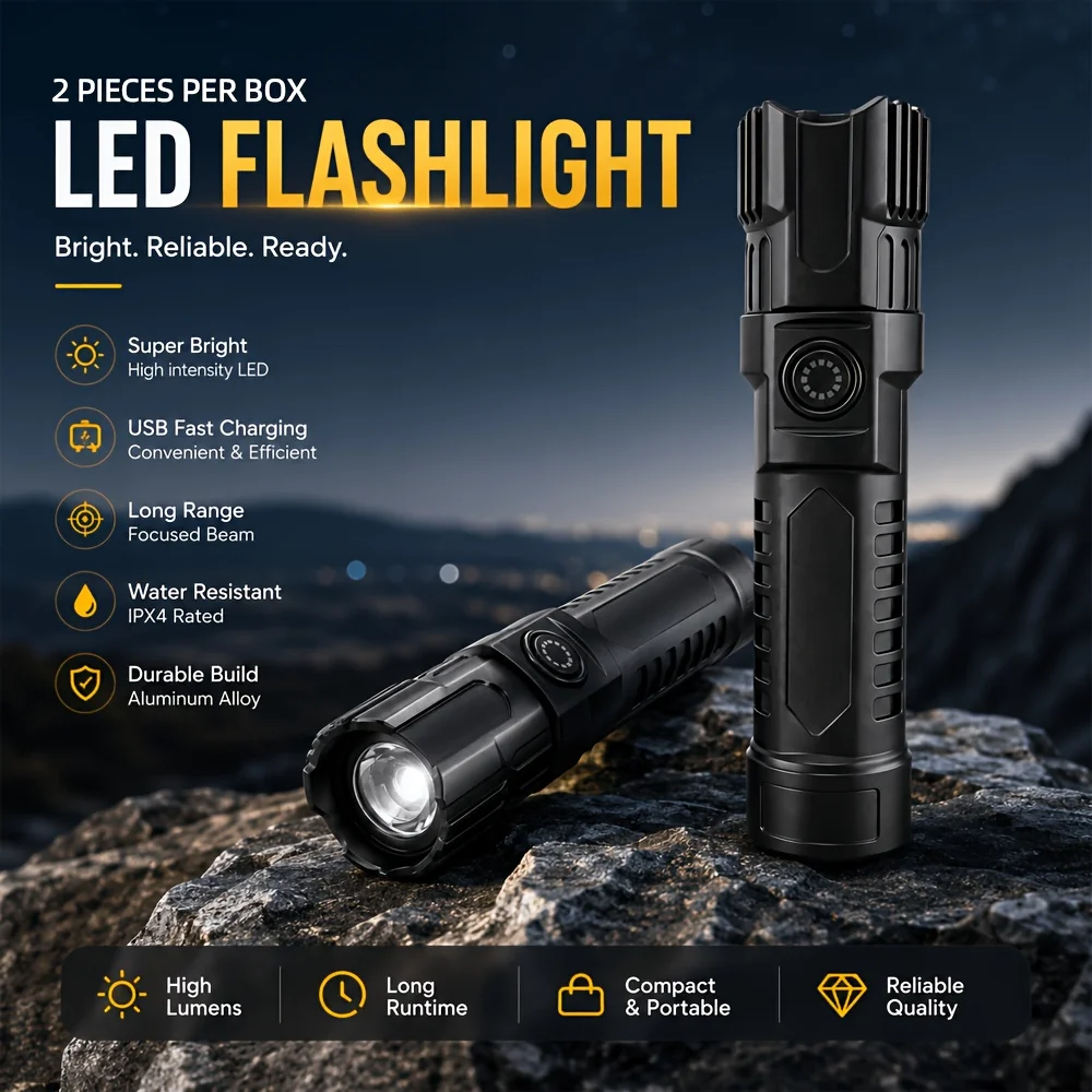 Led Zoom Flashlight 2-Pack, USB Fast Charging Long-Range Flashlight, Telescopic Focus Adjustable Beam, High-Brightness Led Beads, Round Power Button, Heat Dissipation Grille on the Body, Compact and Portable, Long Battery Life, Camping, Patrol, Home Emergency Lighting, Dual-Pack Boxed Portable Flashlight, New Searchlight Set