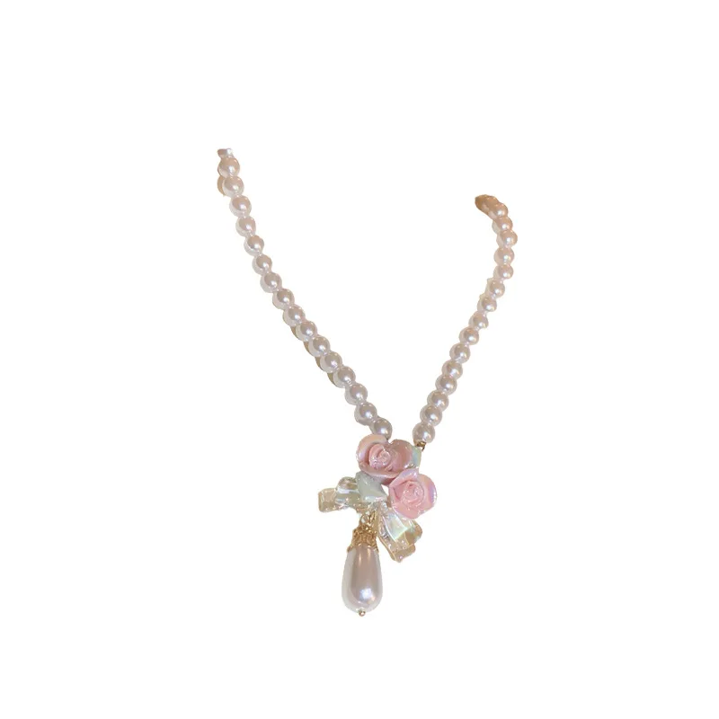 Collana di perline di perle imitate alla moda da donna squisita orecchino con ciondolo a goccia d\'acqua orecchini di fiori romantici set di gioielli