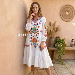 White Boho Embroidered Midi Dress Women Elegant V Neck Long Sleeve Floral Print Ruffle Dresses 2026 Summer Chic Vacation Vestido