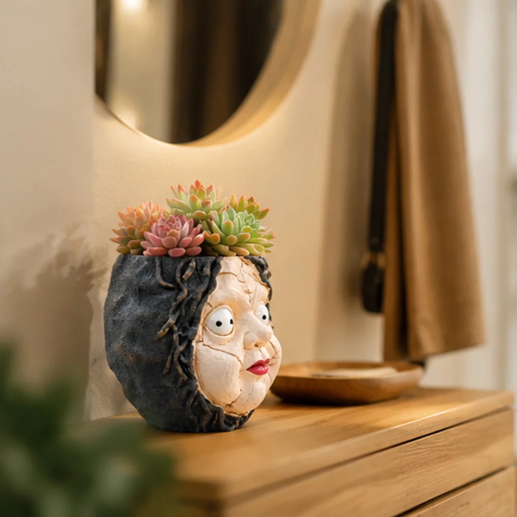 Cracked Doll Face Planter Resin Vase for Succulents Small Plants Gothic Halloween Decor Home Tabletop Sculpture Quirky Gift