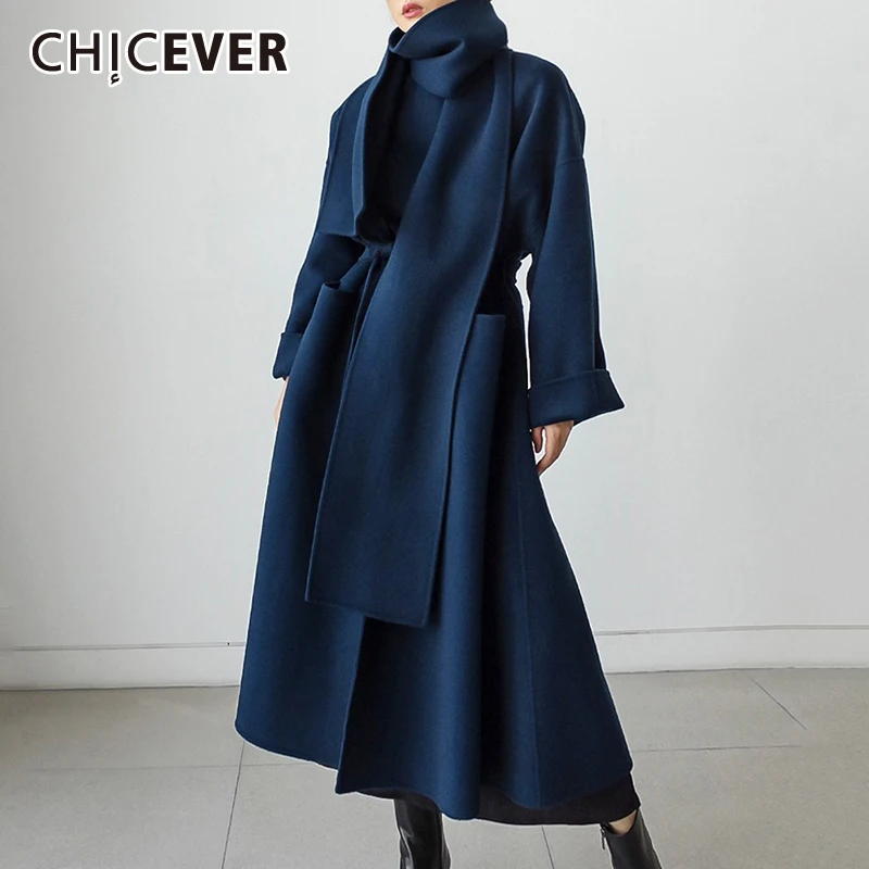 

CHICEVER Solid Spliced Sashes Casual Overcoat Scarf Neck Long Sleeve Patchwork Pocket Minimalist Jacket Female Fashion Clothing