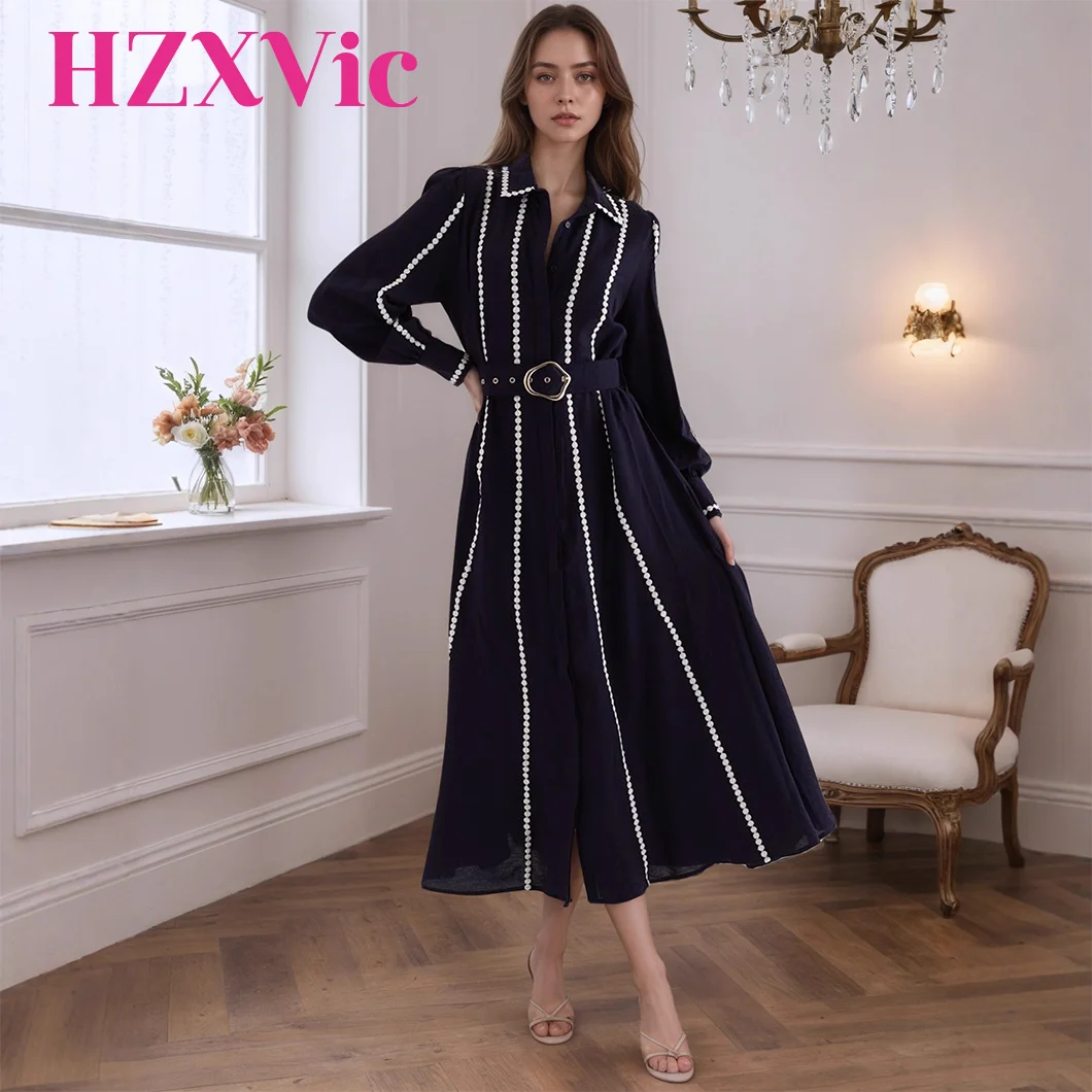 

HZXVic women's dress with retro lace decoration shirt collar and belt, fashionable French lapel, single row temperament, loose