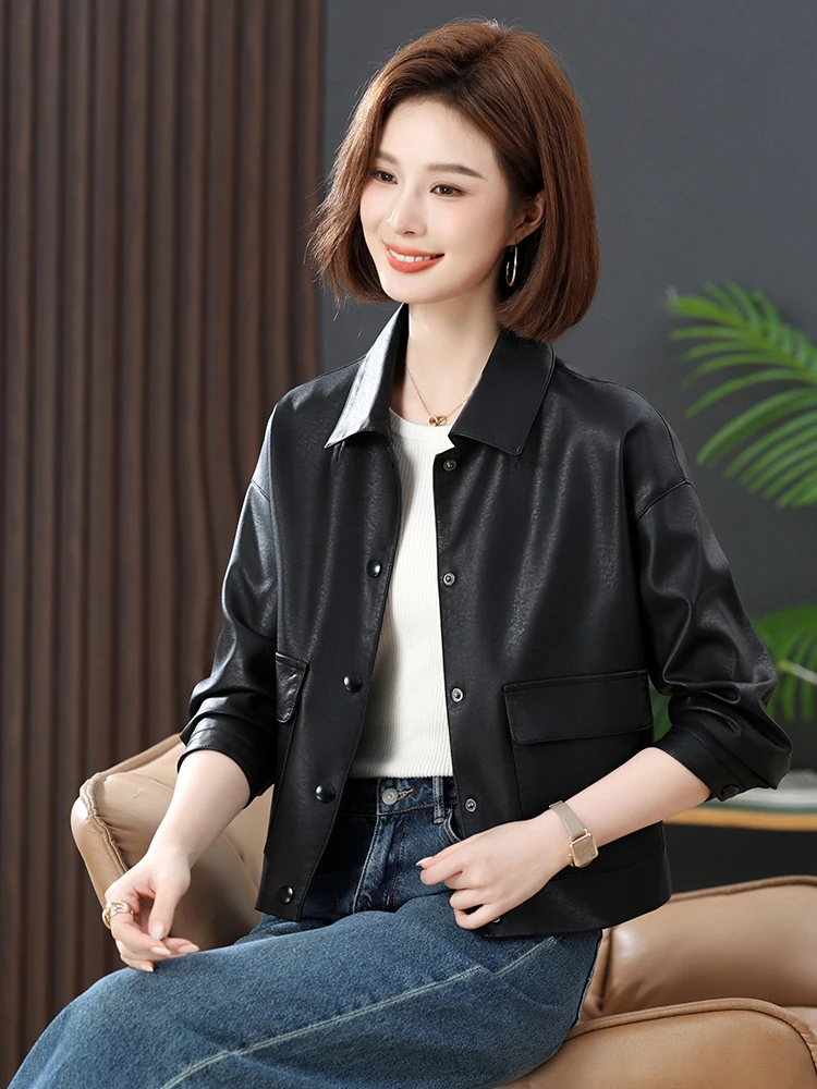 

Ning Genuine Leather Jacket Women's 2026 New Spring Autumn Sheepskin Slim Fit Short Size Ladies Leather Jacket