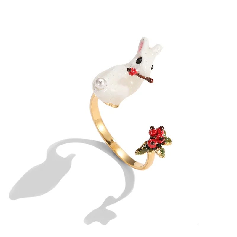 

Sweet Fashion Hand-painted Enamel Glaze Stereo Sequin Pearl Bunny Berry Open Adjustable Ring Gold Plated Jewelry Female Y2k Ring