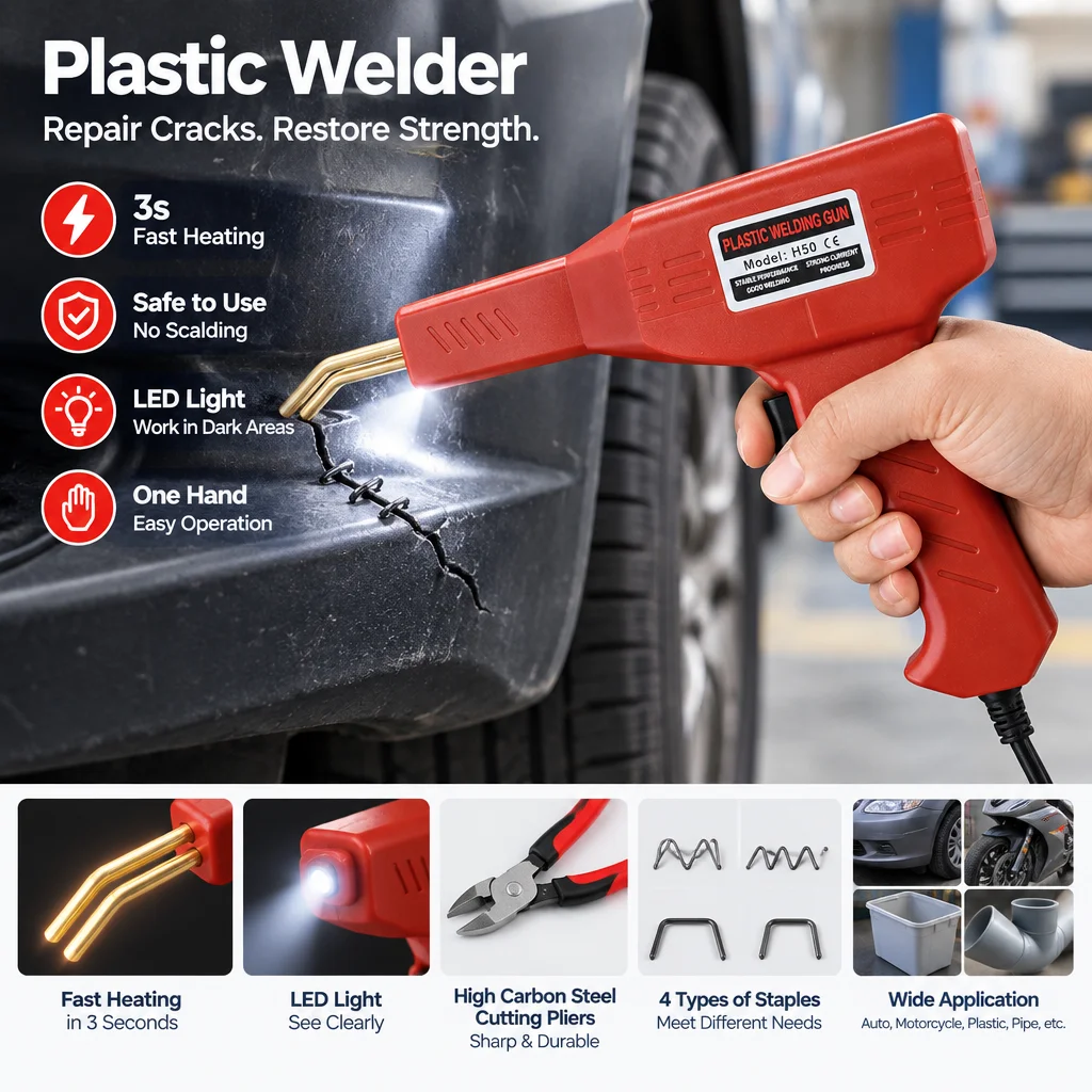 Plastic Welder Kit Bumper Crack Patch Hot Melt Repair 4 Types of Nails Fast Heating LED Light for Automotive/Motorcycle/Pipes