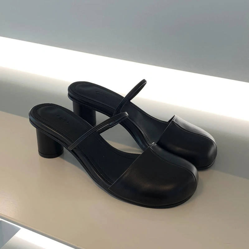 Summer Solid Color Closed Toe Chunky Dress Shoes Slippers Women's Shallow Mouth Simple Single Strap High-Heeled Sandals Pumps