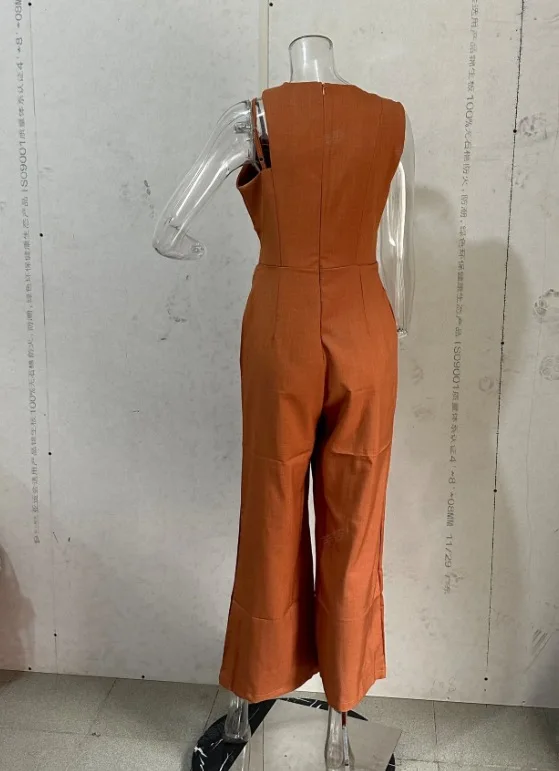 Elegant Solid Hollow Out Jumpsuits for Women 2024 Summer O Neck Sleeveless Asymmetrical High Waist Office Lady Jumpsuit