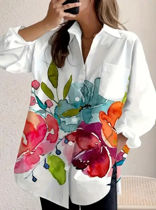 

Woman Blouse 2025 Spring Autumn New Fashion Flower Print Turn-Down Collar Long Sleeve Casual Pocket Design Loose Daily Shirt