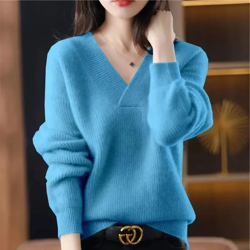 Cashmere Sweater Women\'s 100% Wool Sweater Fashion V-neck Knitted Pullover 2024 Winter and Autumn New Loose Solid Soft Sweater