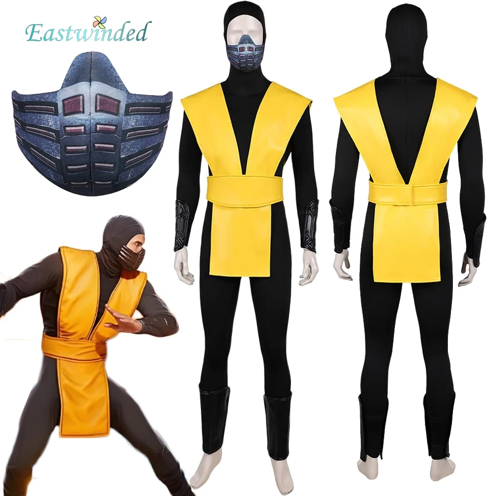 

Game Mortal Kombat Scorpion Cosplay Yellow Black Costume Mask Outfits Halloween Adult Men Roleplay Halloween Carnival Party Suit