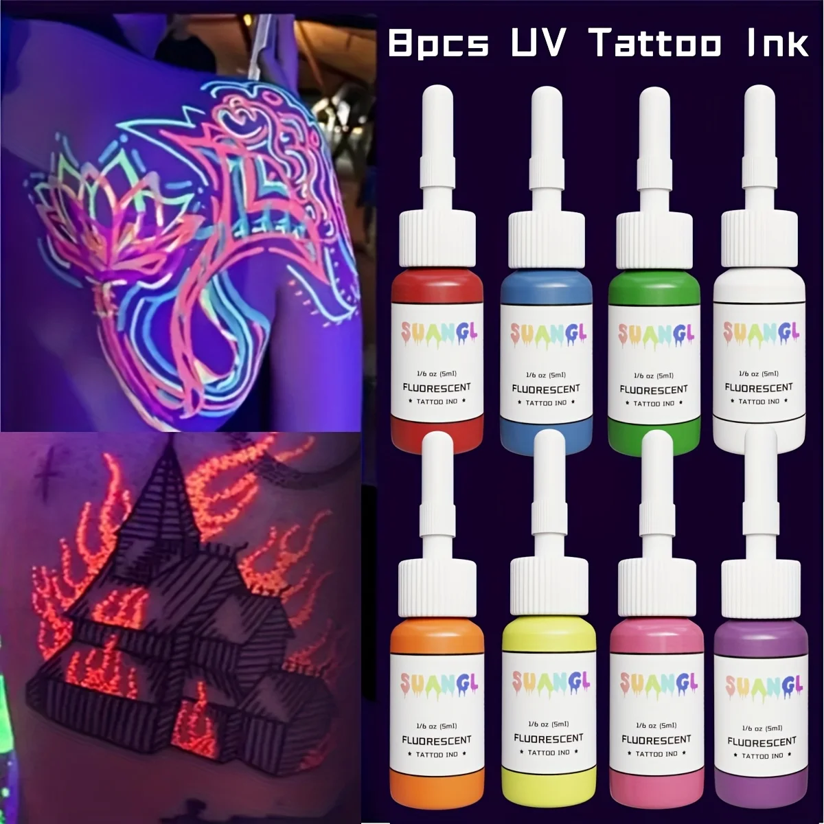 Fluorescent Tattoo Ink Set - 8 Colors That Glow Under Black Light, 5ml (1/6 oz) Bottles.