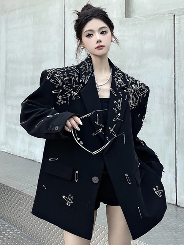 YERMORA Black Metal Pin Big Size Design Blazer For Women Lapel Long Sleeve Loose New Jacket Fashion Tide Spring Autumn 2025