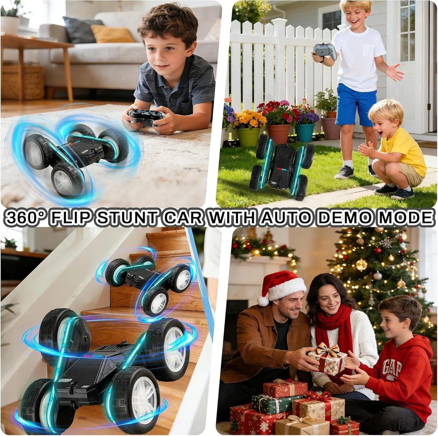 Plastic 4WD Stunt RC Car With USB Cable, Black Police Design, 360 Flip Double Sided Toy, Christmas Gift For Boys