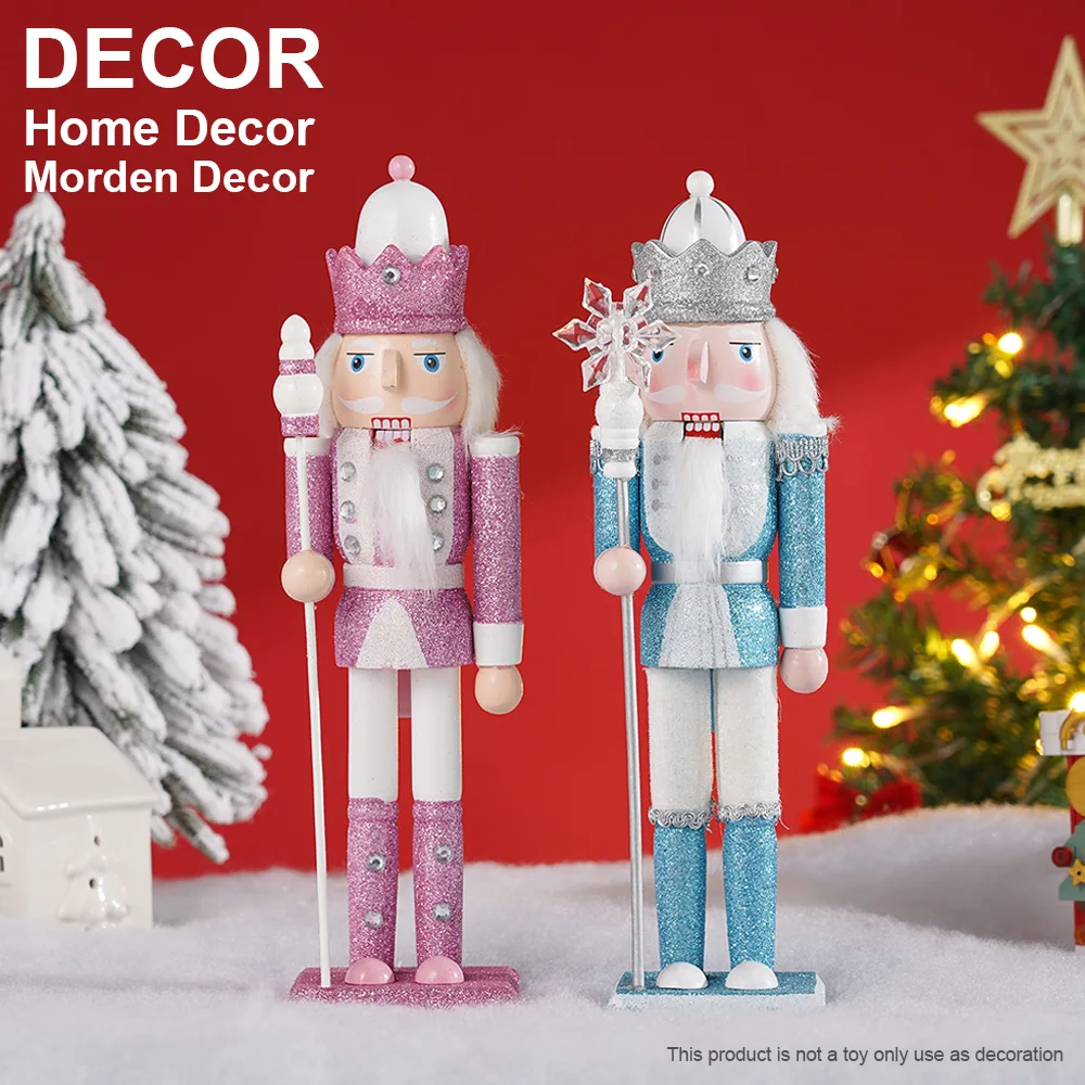 2Pcs 30cm Christmas Nutcracker Soldier Puppet Desktop Ornament Wooden Handmade Glittering Powder Doll Christmas Home Decoration