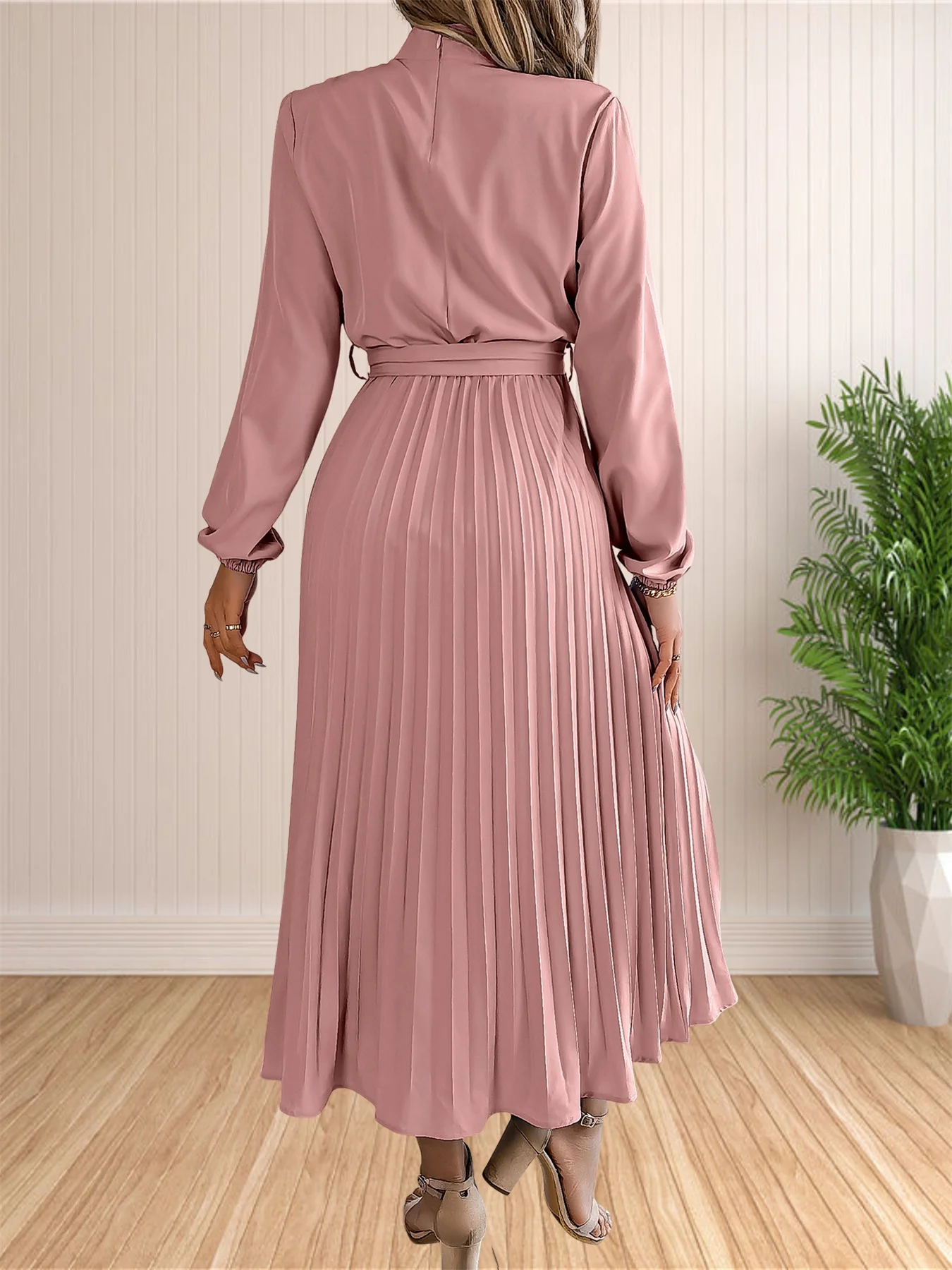 Women's Long Dresses Summer Elegant Pleated Long Sleeveed Lace Up Dresses Beach Boho Wrap Ruffle Hem Swing Sundress