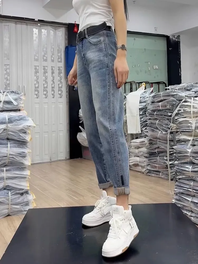 Large-Size Women's Pants 2025 New High Waist Slim Jeans Autumn Winter Vintage Casual Easy-Matching Straight Denim Harun Trousers
