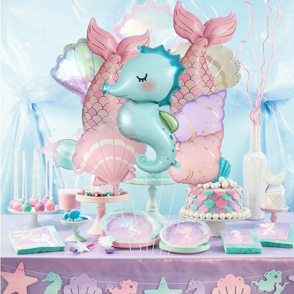 10-teiliges Meerjungfrauenflossen-Folienballon-Set, Muschel-Heliumballons, Babyparty, Ozean, Unterwasser, Mädchen, Meerjungfrauen-Geburtstagsdeko – Detail 4