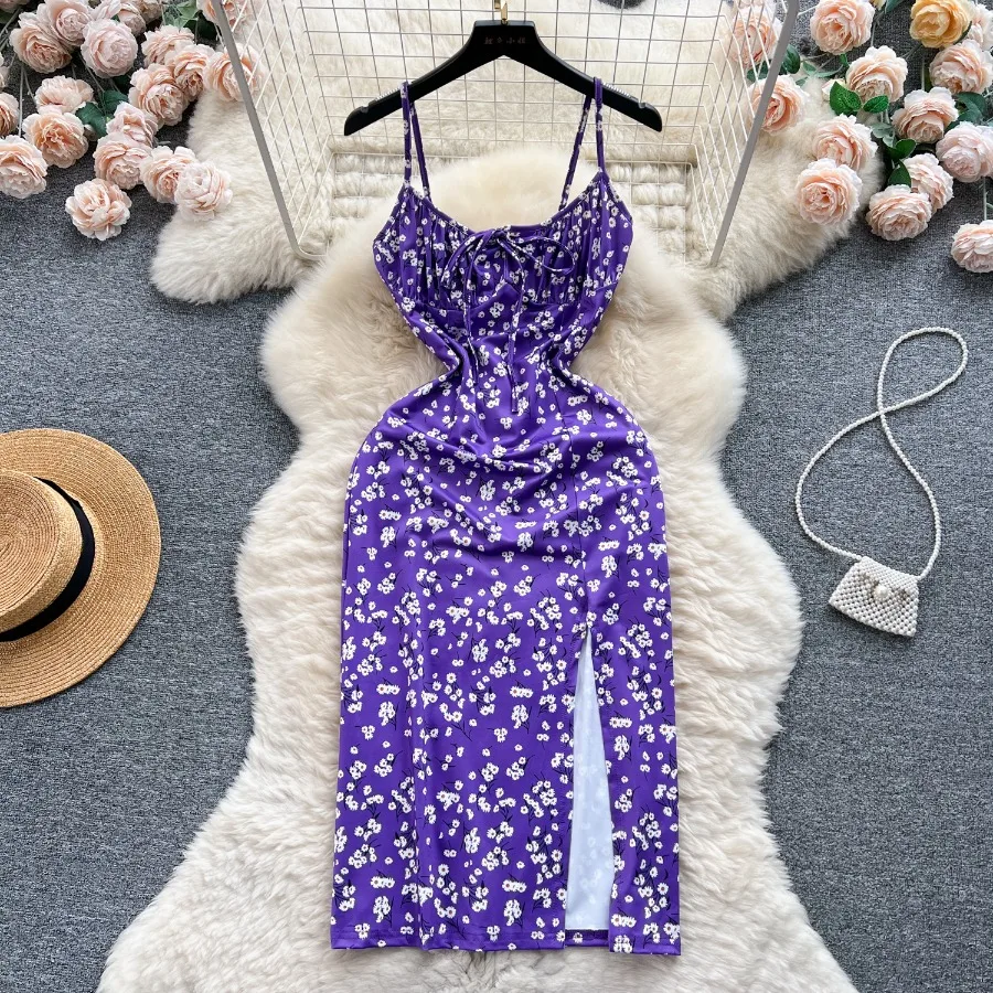 

【New style】Holiday style floral suspender beach dress for women, French pleated lace, high waist, slimming temperament split dr