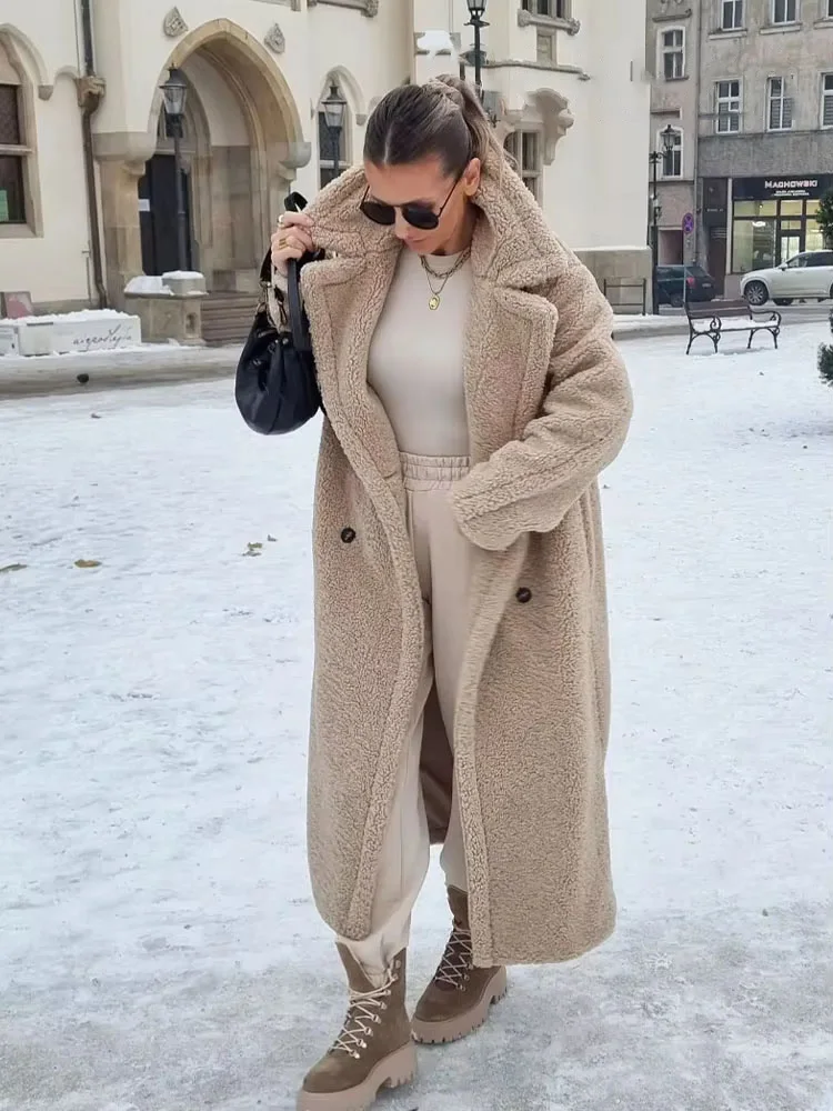 

HH Women Vintage Wool Blend Long Coat Autumn Winter Lapel Chic Long Sleeve Double Breasted Big Jacket Female Street Overcoat