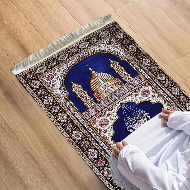 VIKAMA Blue Retro Worship Blanket Durable and Easy to Clean Classical Worship Kneeling Mosque Pilgrimage Prayer Mat