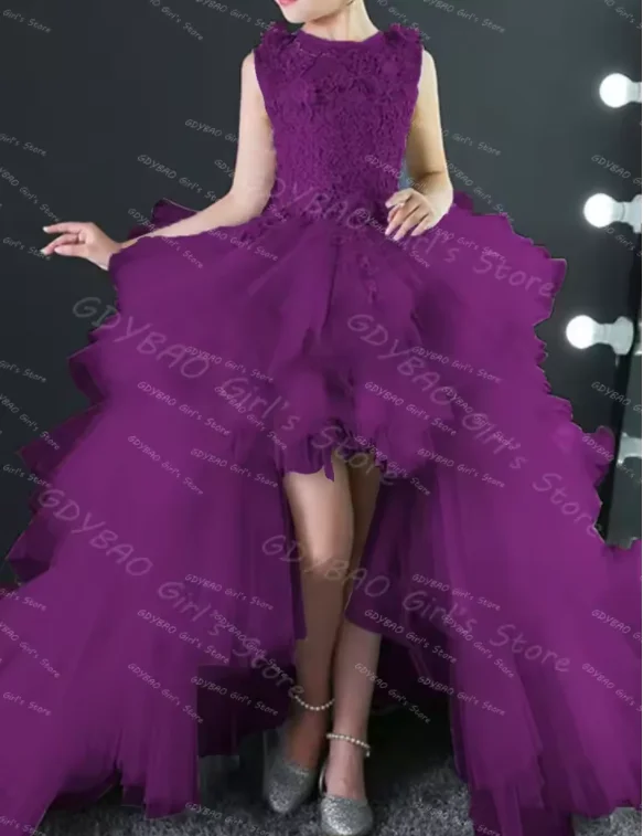 CustomizedHigh-Low Tiered Princess Pageant Dress Lace Applique Tulle Flower Girl & Birthday Gown for Weddings  Girls Adjustable