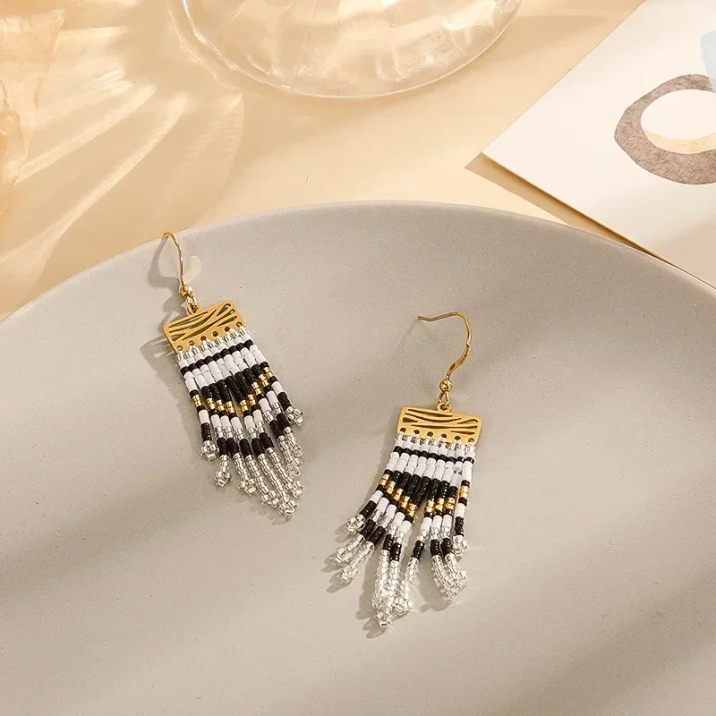 Beaded earrings Tassel Bohemia Arrow Hand-woven Alloy Original Trend Geometry Pattern Creativity Versatile Rice bead earrings