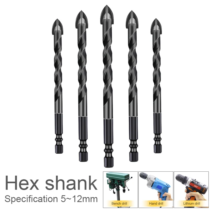 

5-12mm Cross Triangle Spiral Drill Bit Hexagonal Anti Slip Handle Tile Hole Opener for Glass /Ceramic / Concrete Brick Hard