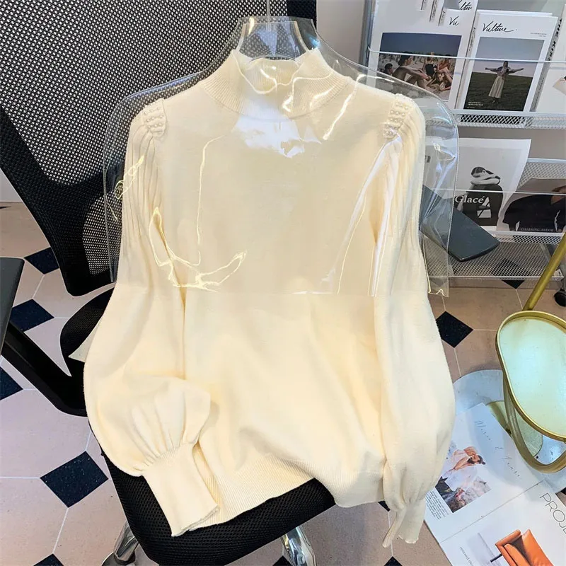 

2025 Female High End High Neck Knitted Top Autumn Winter Ladies Lantern Sleeves Sweater Korean Women Fashion Large Size 4XL Knit