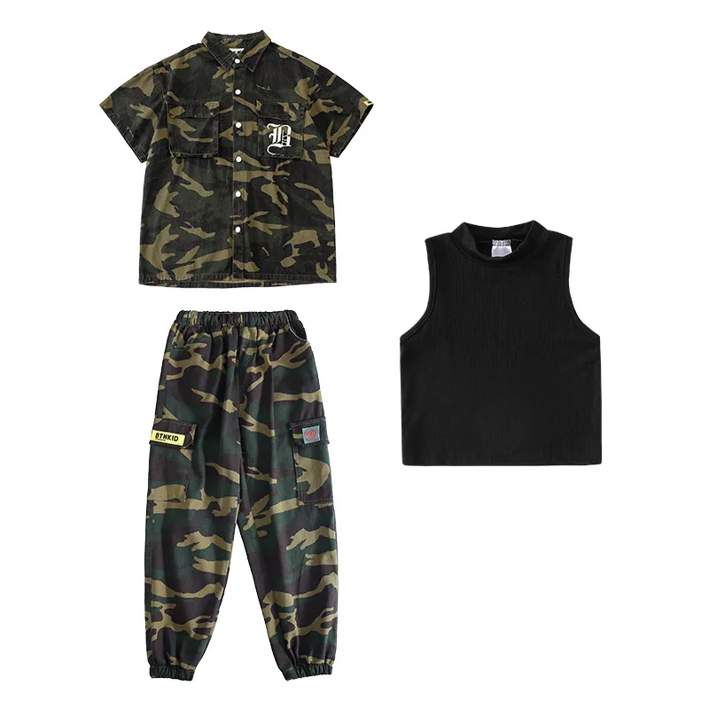 Crianças Hip Hop Roupas Street Dance Costume, Camo Camisa, Jaqueta, Top e Calças, Jazz Modern Dance Outfit, Meninos e Meninas Stage Wear Roupas