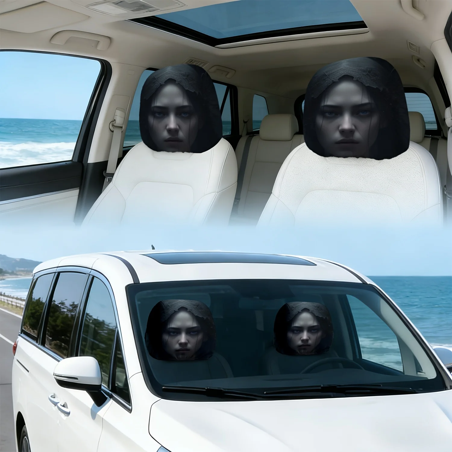 Mysterious Woman Blue Eyes Headrest Covers, Easy To Install & Remove, Protective Car Headrest Covers