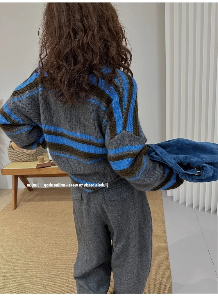 Contrast striped cashmere sweater women's European station winter clothes 2024 new European goods women's lazy wind sweater tide