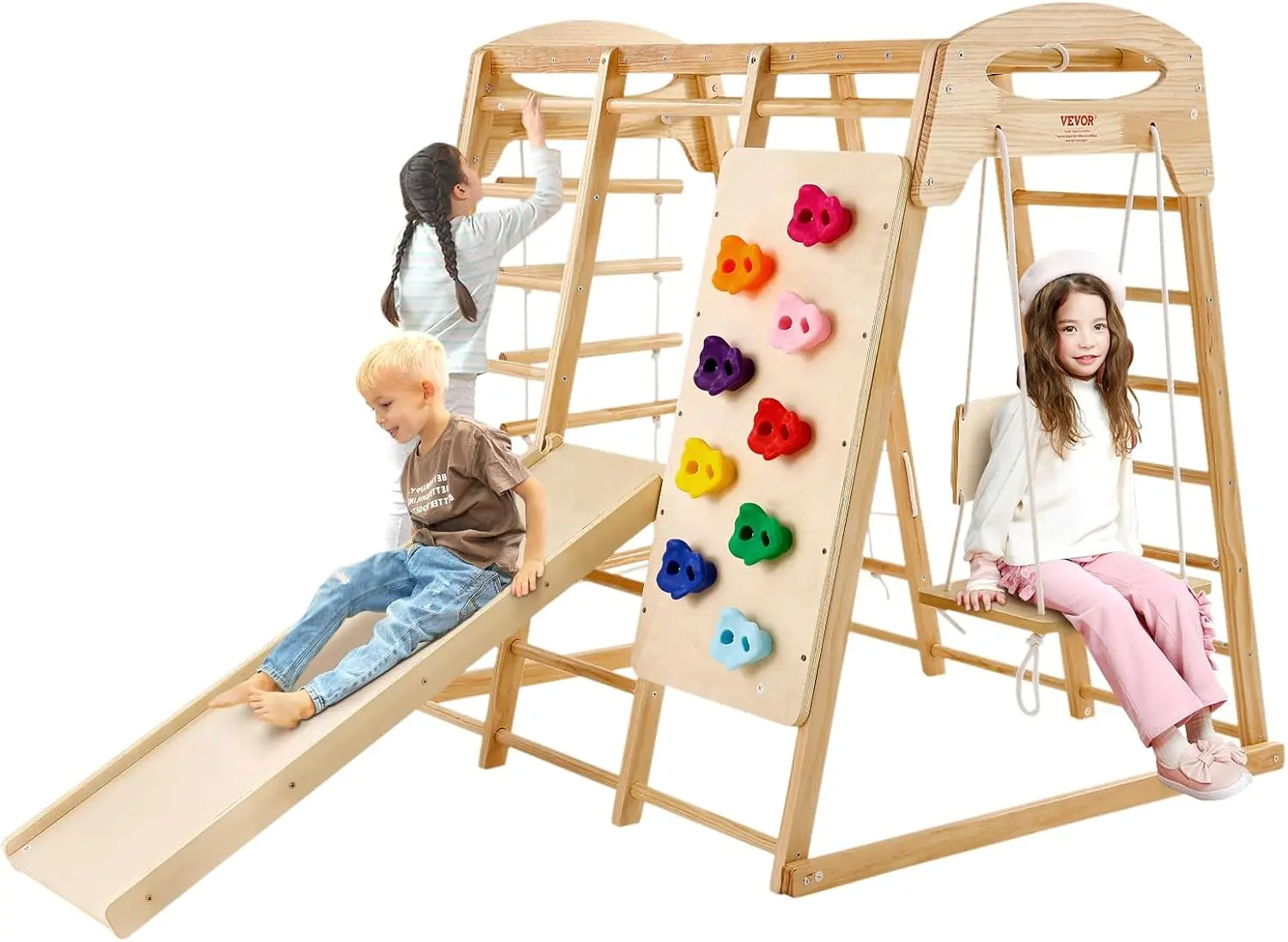 Large Size Indoor Jungle Gym, 7-in-1 Toddler Indoor Playground, Wooden Toddler Climbing Toys with Wood & Rope Ladder, Net Ladder