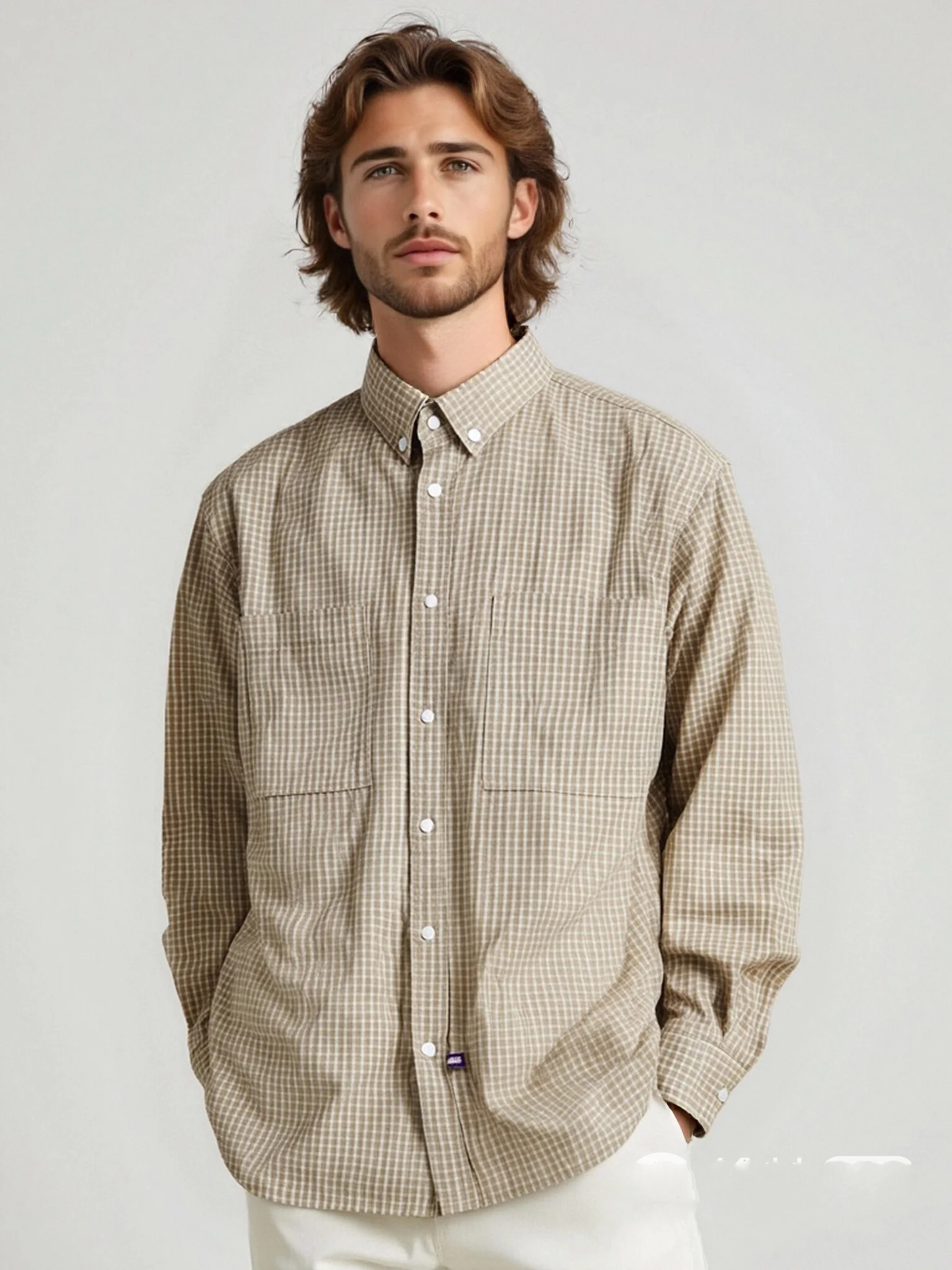 

Loose Fit Long Sve Men's irt Thin Cotton Plaid Casual Wear Resistant Fading Blue White Stripes Large Size Fat Person