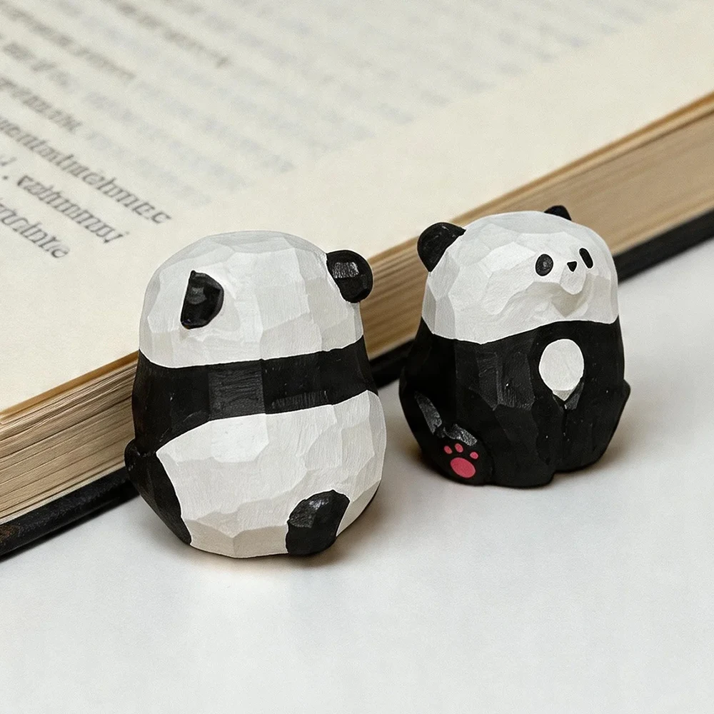 Cute Hand Carved Wooden Panda Figurines Natural Wood Bear Sculpture Statue Ornaments Creative Desktop Decor for Home Office Gift