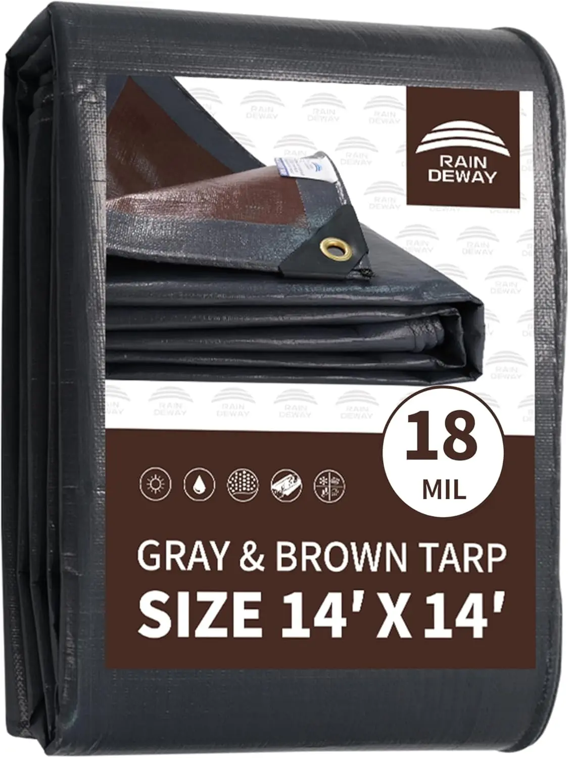 

14x14 Feet Heavy Duty Tarp, 18 Mil UV Resistant Waterproof Poly with Grommets, Brown/Gray
