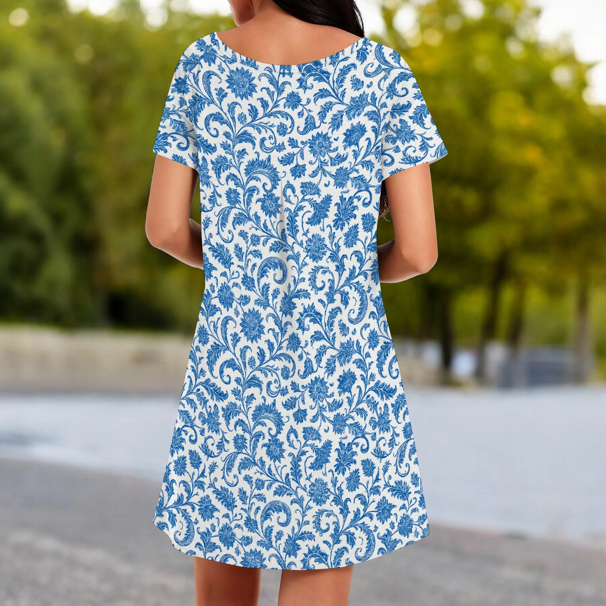 T-shirt estiva casual da donna, abito svasato a maniche corte con tasche