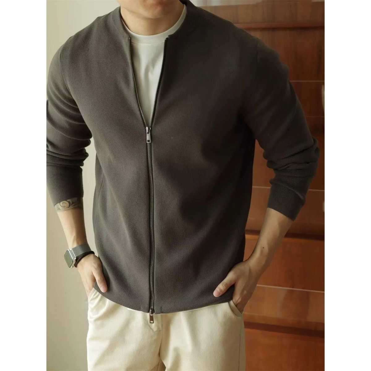 

Осенне-зимний американский вязаный свитер свободного кроя однотонного цвета с двойной молнией, повседневный, с длинными рукавами, из хлопка