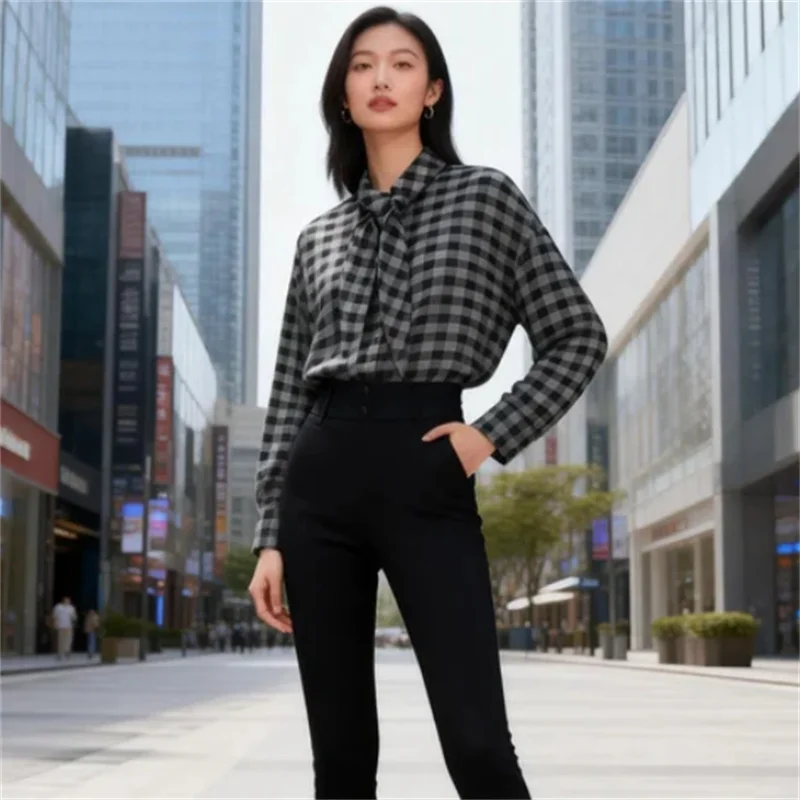 

2026 Spring New Arrival Premium Casual Commuter Mini Check Neck Scarf Blouse