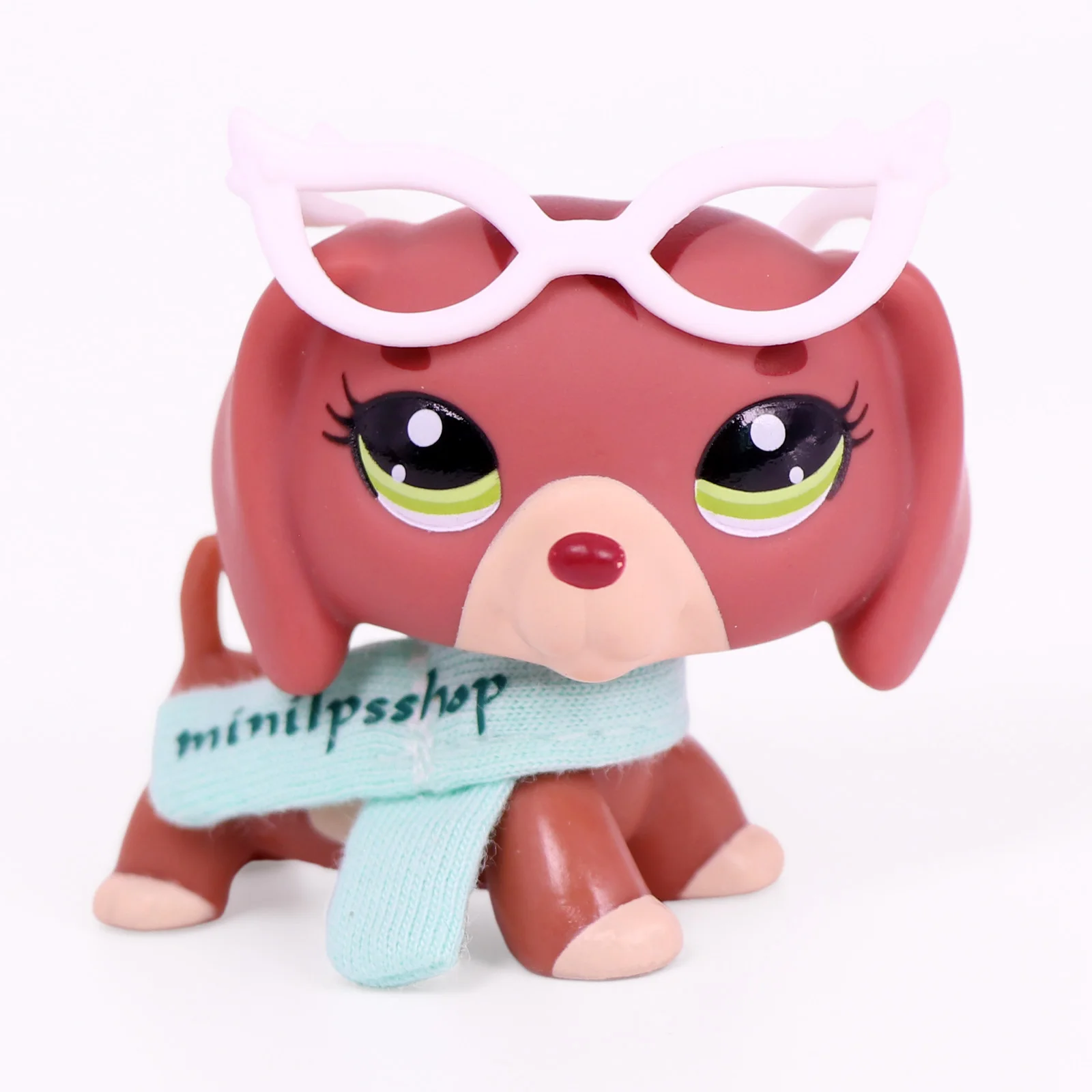 Minilpsshop Sklep Zestaw z okularami i szalikiem Jamnik # 3601 Figurki typu bobble head, przezroczyste, kolekcjonerskie, pasujące do LPS