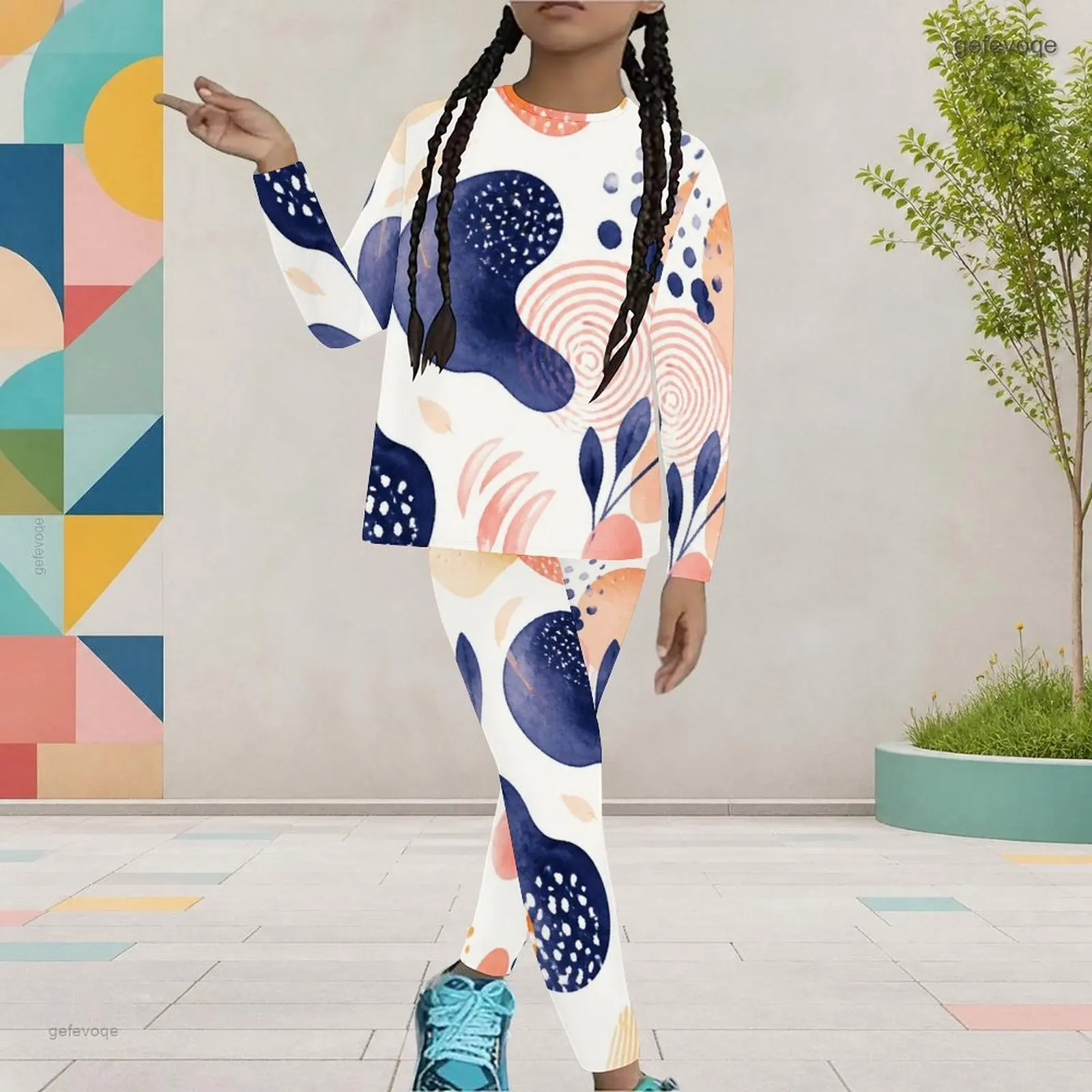 Autumn Graphic Print Girls Two Piece Set Turtleneck Vertical Striped Dot Abstract Geometric Children Clothing Daily Party Wear