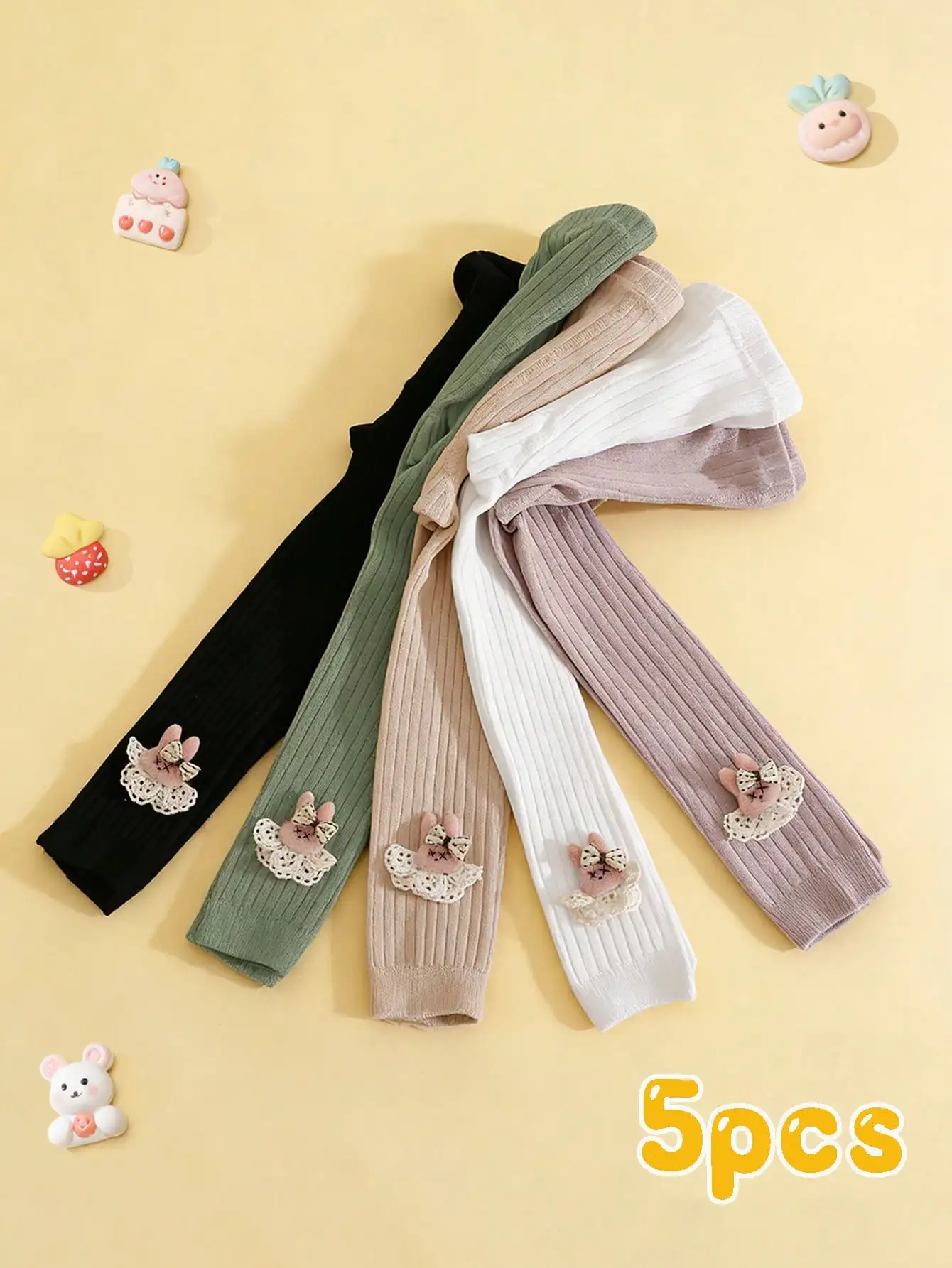 5Pcs Kid Vertical Ribbed Capri Pantyhose Cute 3D Rabbit Lace Bow Ornament Elastic Soft Leggings Daily Autumn Wear Fit Girl 0-12Y