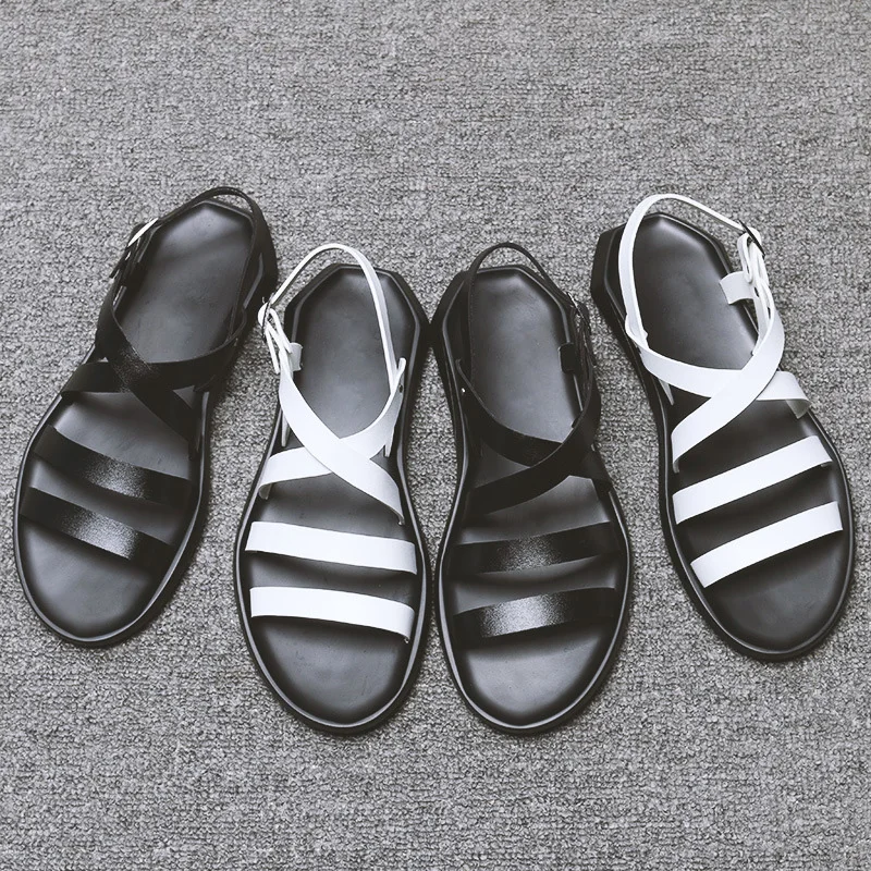 Summer Beach Sandals Mens Shoes Casual Soft Leather Men Sandals Flat Holiday Beach Sandals Male Black White Shoes N039