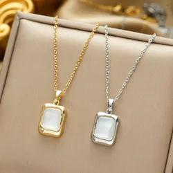 Geometric Simple Moonstone Square Pendant Necklaces for Women Men Fashion Stainless Steel Chain Jewelry Accessories Gifts